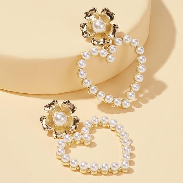 

1pair Faux Pearl Decor Heart Drop Earrings, White