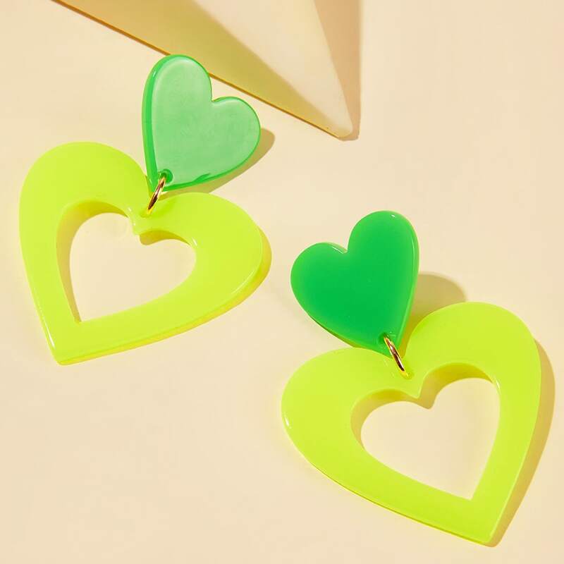 

1pair Colorblock Double Heart Drop Earrings, Multicolor
