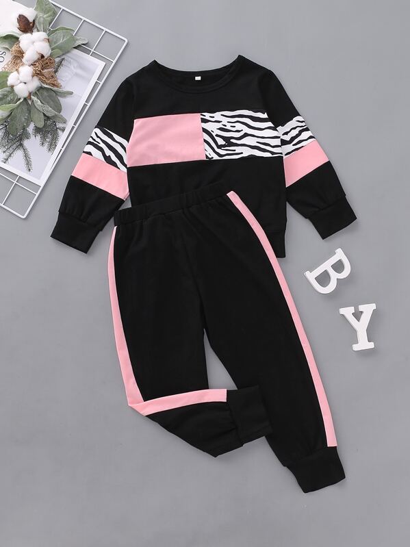 

Toddler Girls Contrast Panel Sweatshirt & Sweatpants, Multicolor