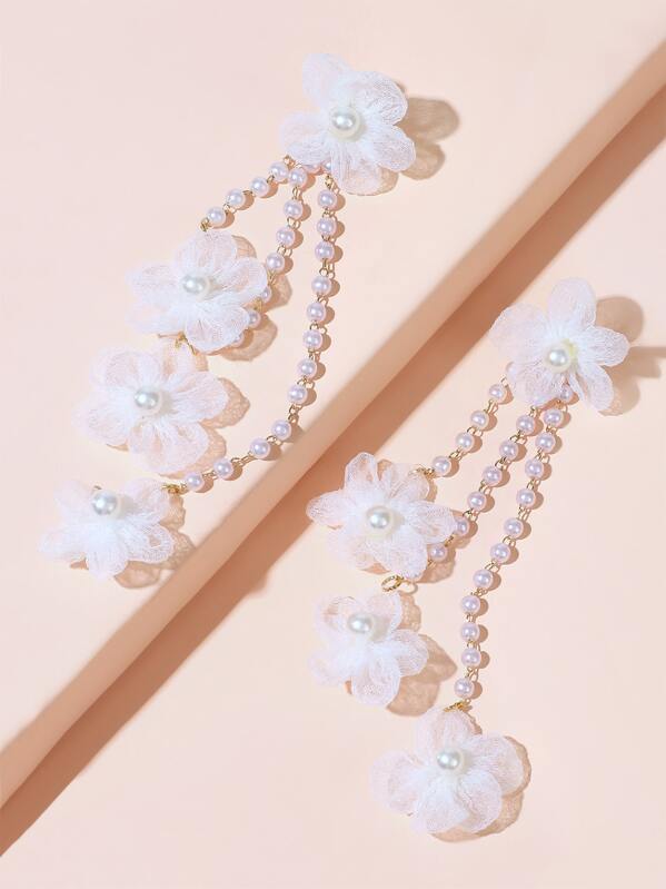 

1pair Mesh Floral Faux Pearl Dangle Earrings, White