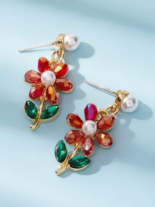 

1pair Faux Pearl Flower Dangle Earrings, Multicolor