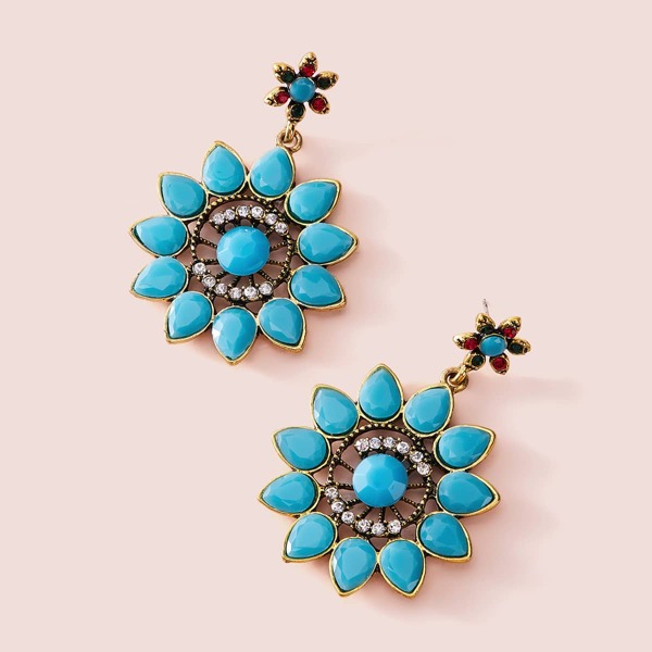 

1pair Rhinestone & Flower Dangle Earrings, Multicolor