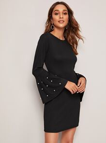 Pearls Beaded Flounce Sleeve Dress