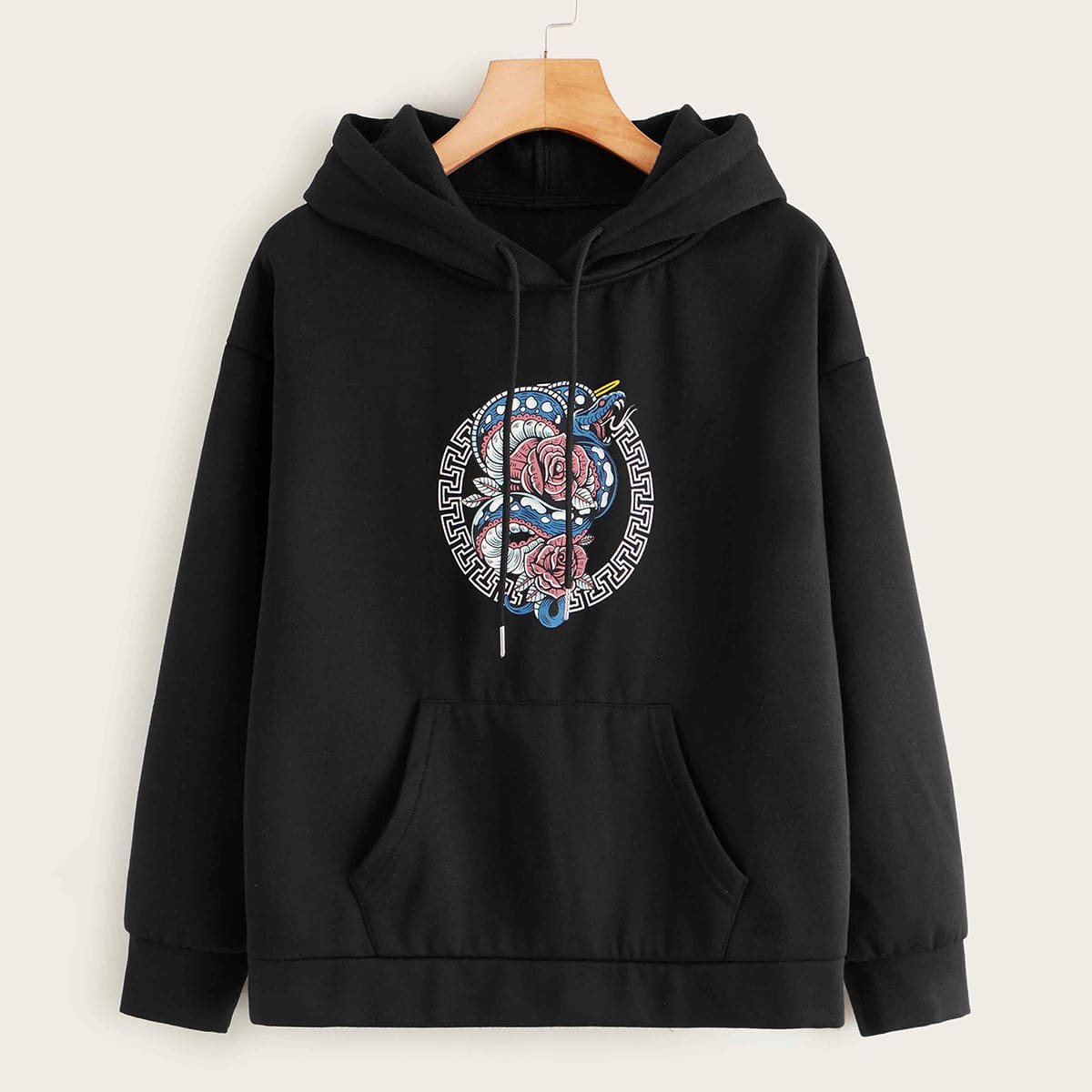 

Snake Print Kangaroo Pocket Hoodie, Black