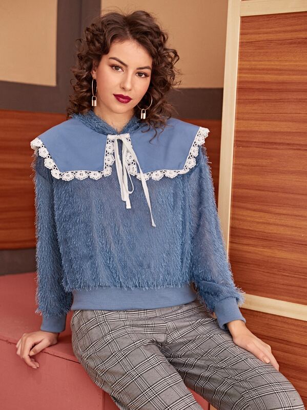 

Guipure Lace Panel Tie Front Fluffy Hoodie, Blue, MARTINA