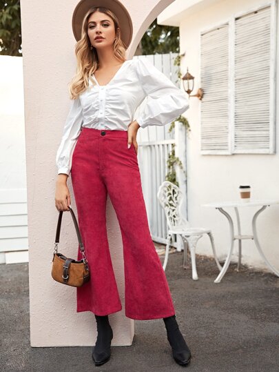 Solid Flared Leg Corduroy Pants