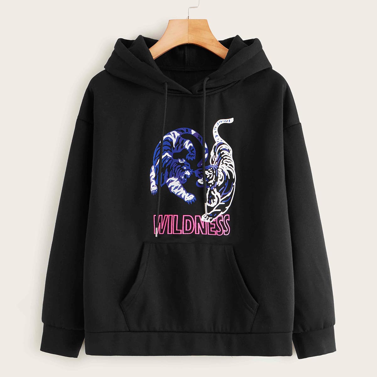 

Tiger Print Kangaroo Pocket Hoodie, Black