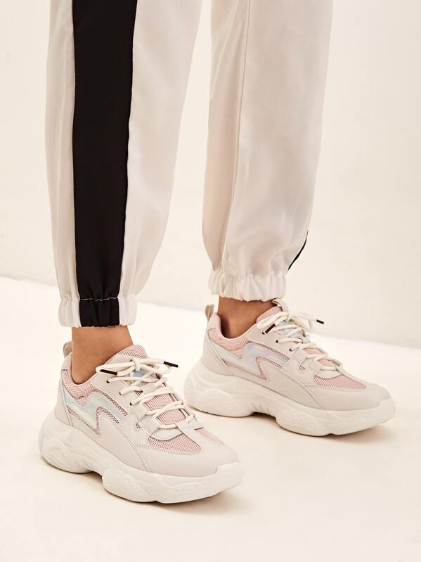 

Holographic Detail Lace-up Front Chunky Sneakers, Multicolor