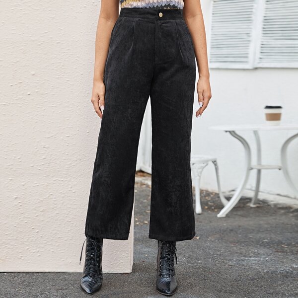 

Solid Wide Leg Corduroy Pants, Black