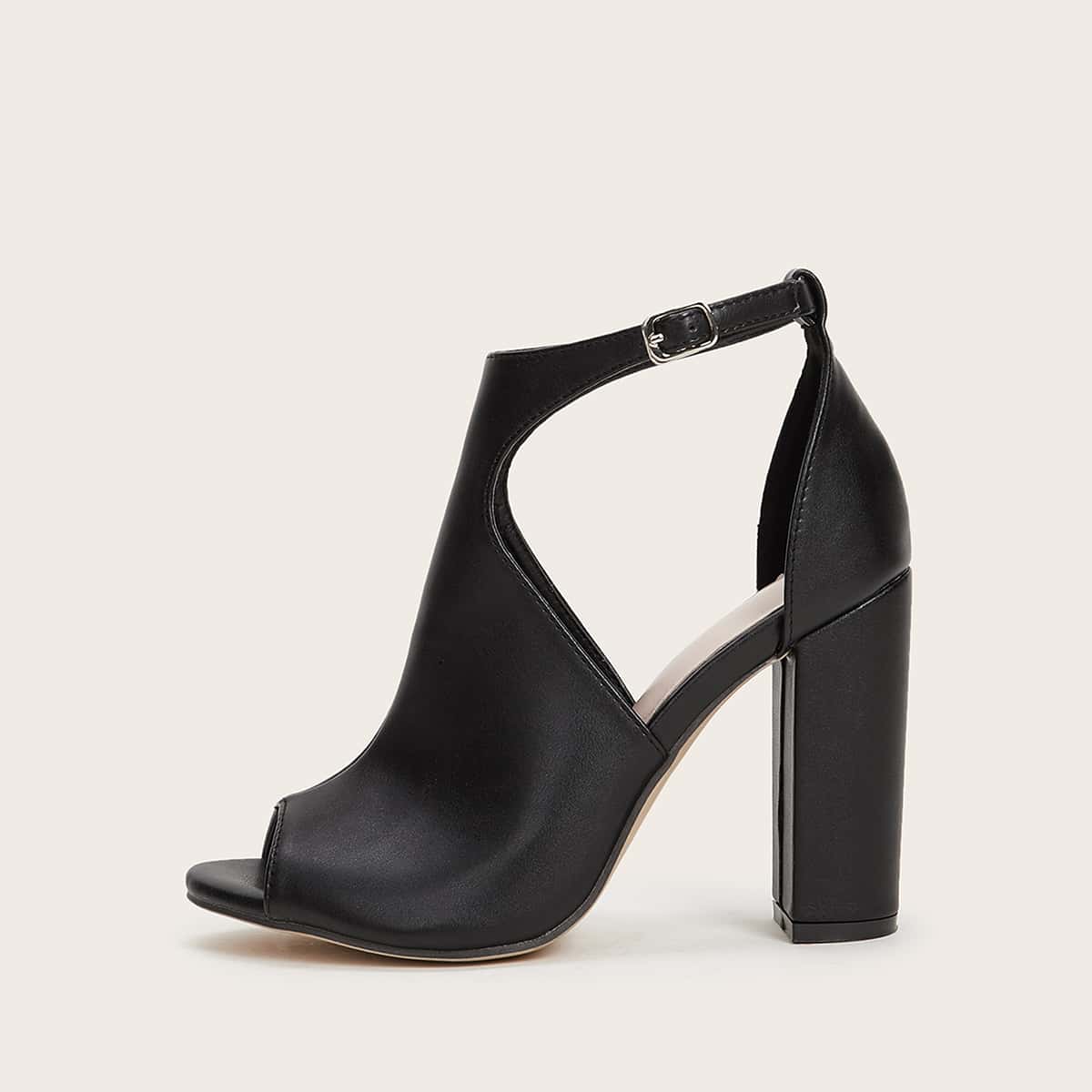 

Peep Toe Buckle Strap Chunky Heels, Black