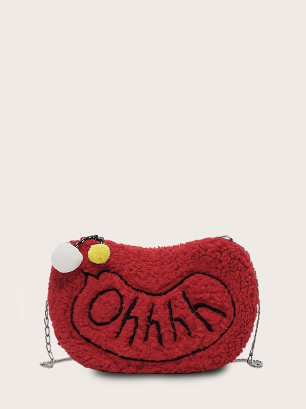 

Girls Pom Pom Decor Letter Embroidered Chain Bag, Red