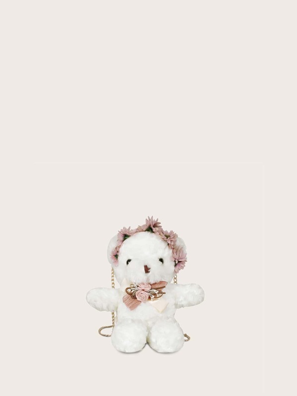 

Girls Floral Applique Decor Bear Design Chain Bag, White