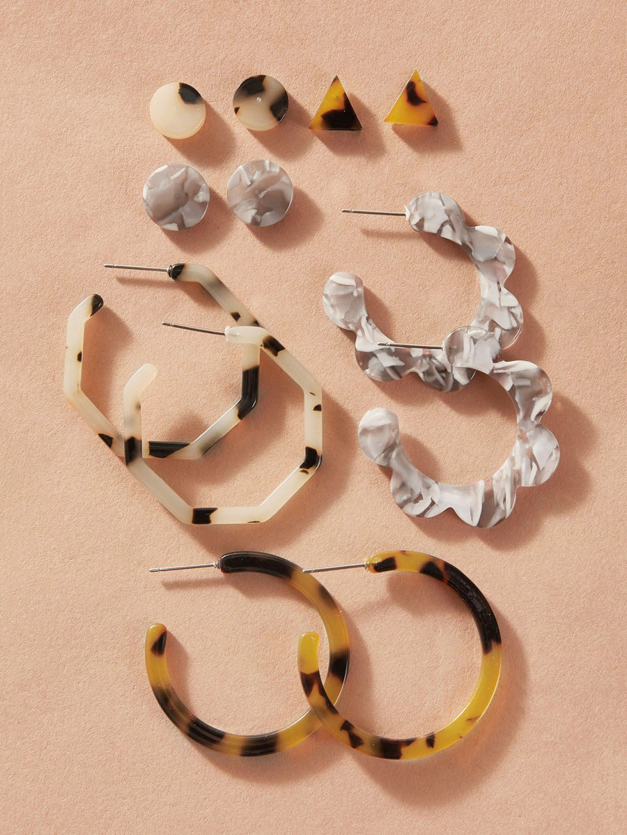 17KM 6pairs Tortoiseshell Hoop Earrings & Stud Earrings Set - Multicolor - View 1