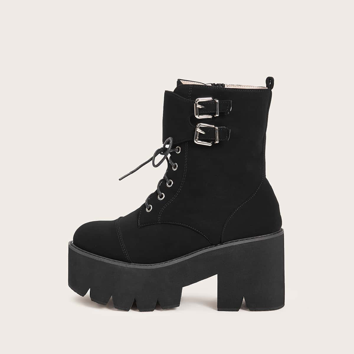 

Buckle Decor Lace-up Front Chunky Boots, Black