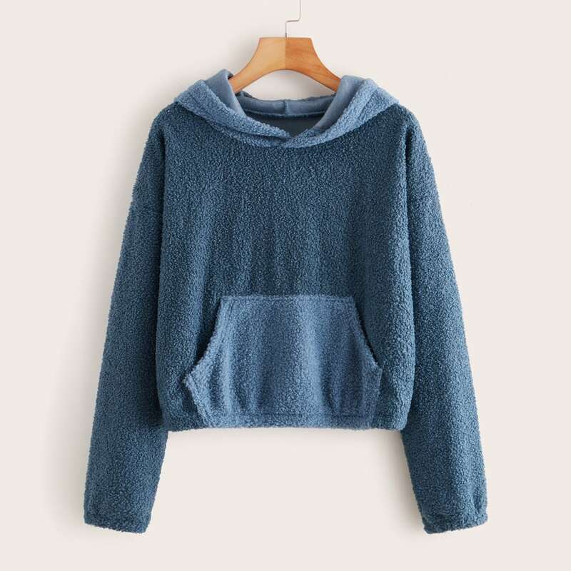 

Solid Kangaroo Pocket Teddy Hoodie, Blue