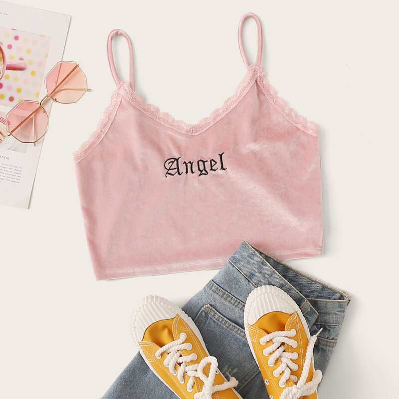 

Letter Embroidery Velvet Crop Cami Top, Baby pink