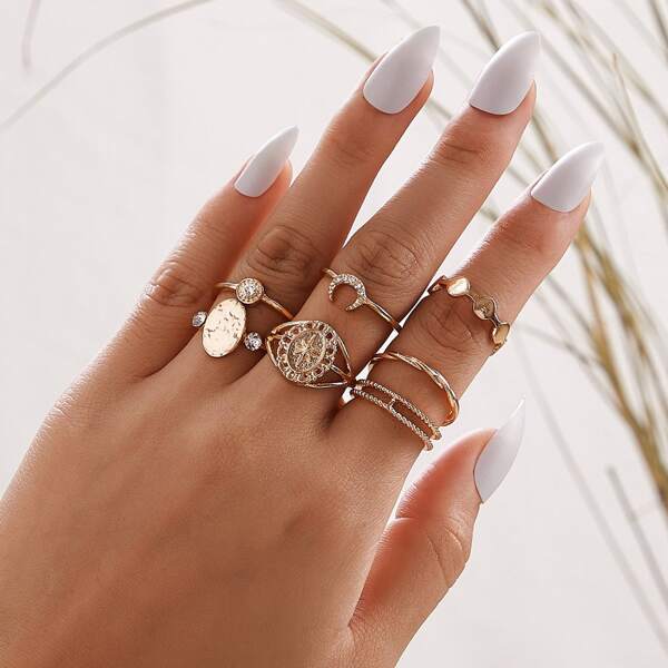 

7pcs Rhinestone Engraved Textured Ring, Gold