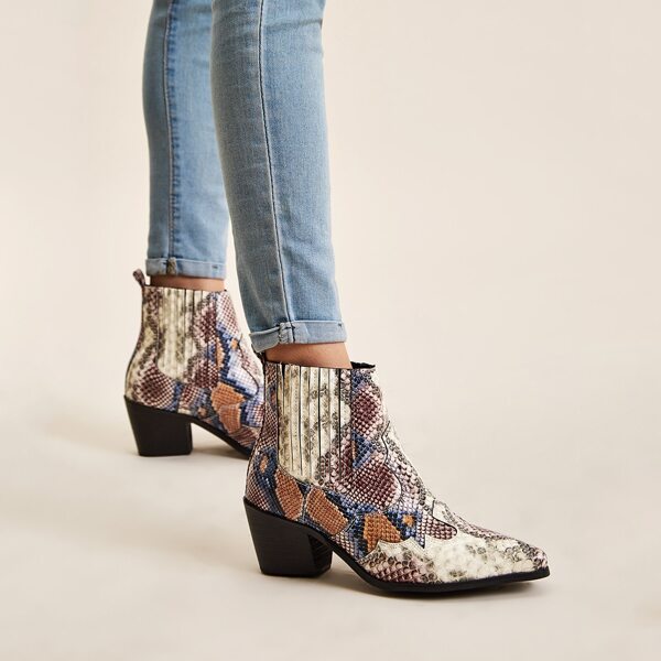 

Point Toe Snakeskin Print Chunky Boots, Multicolor