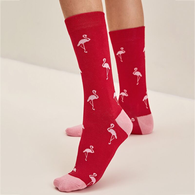 

1pair Flamings Pattern Socks, Red