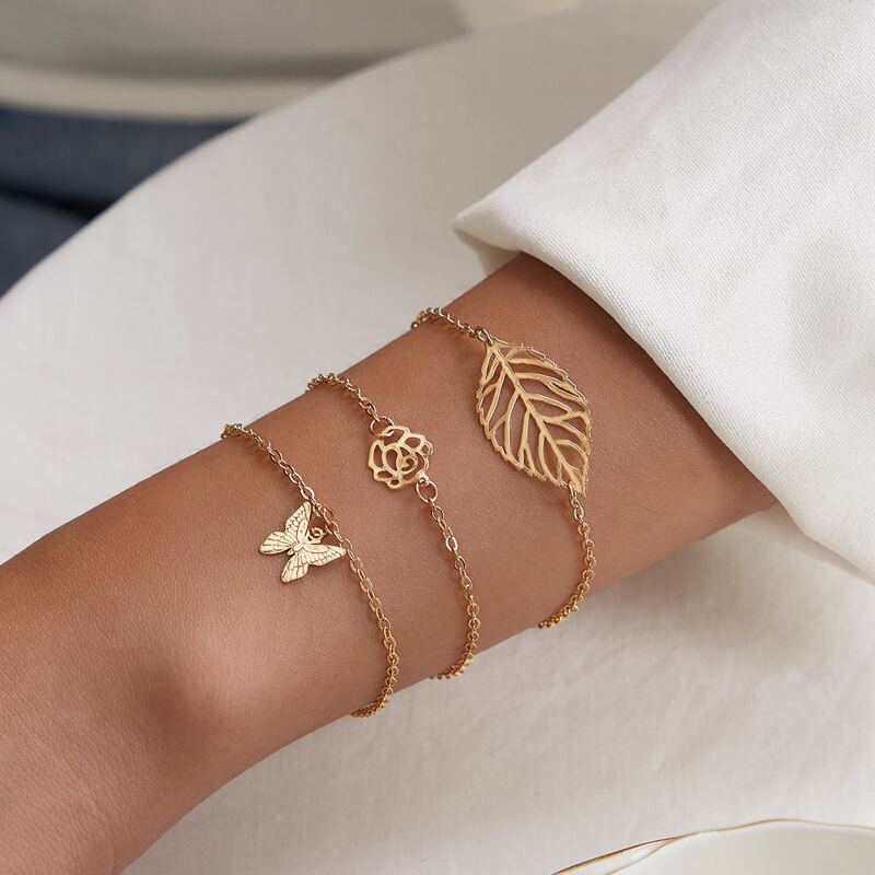 

3pcs Butterfly & Leaf Decor Chain Bracelet Set, Gold