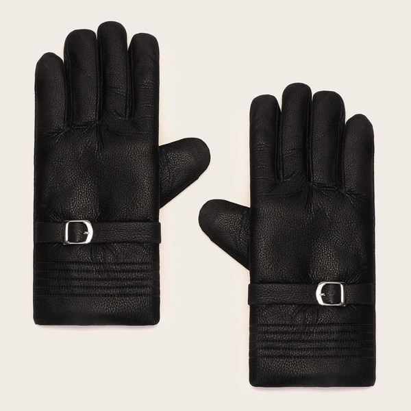

1pair Men Belt Decor PU Gloves, Black