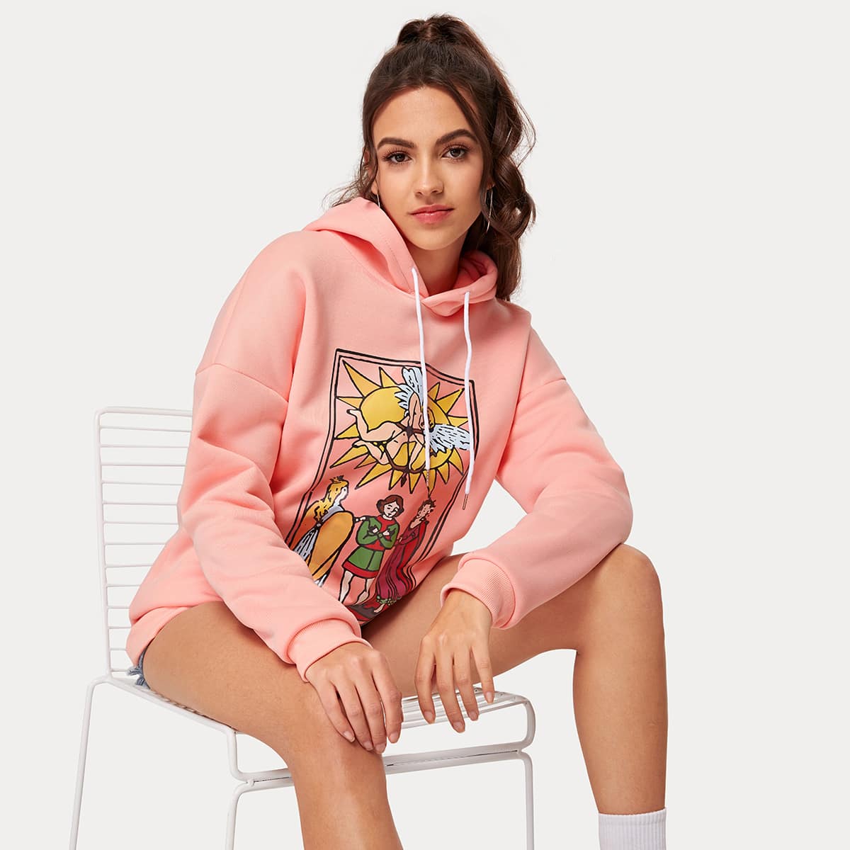 

Graphic Print Drawstring Oversized Hoodie, Pink