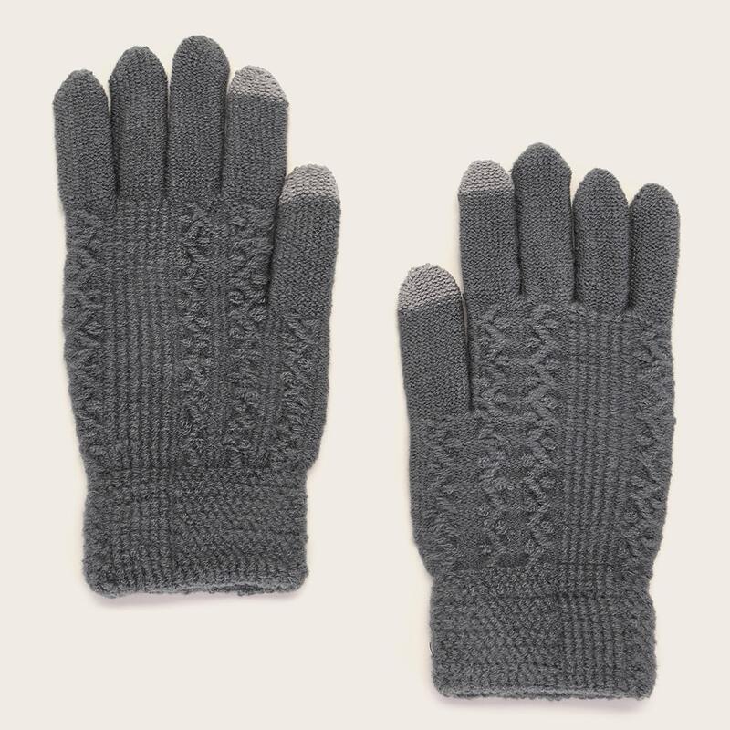 

1pair Guys Knit Gloves, Grey