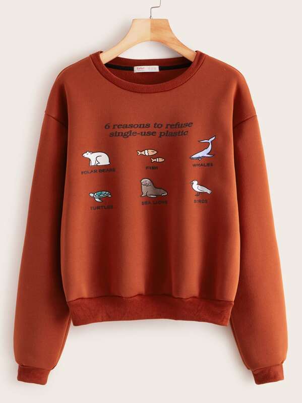 

Letter And Animal Print Drop Shoulder Sweatshirt, Brown
