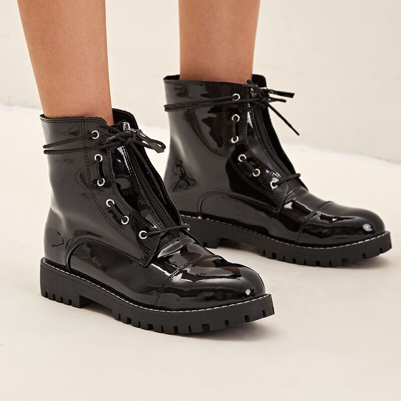

Zip Front Lace-up Combat Boots, Black