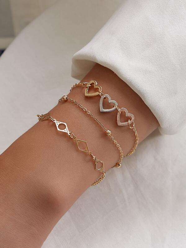 

3pcs Heart & Geometric Decor Chain Bracelet Set, Gold