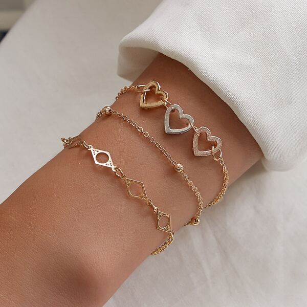 

3pcs Heart & Geometric Decor Chain Bracelet Set, Gold
