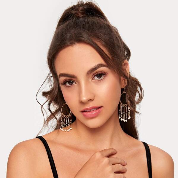 

1pair Ring Decor Bead Chain Drop Earrings, Gold