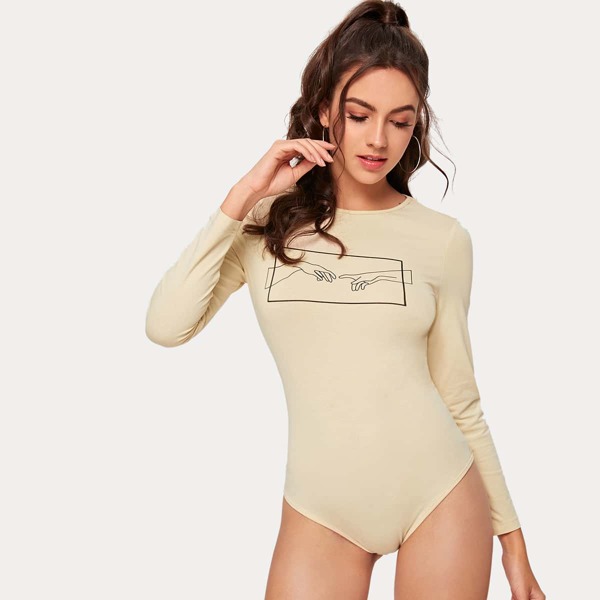 

Hands Print Crew Neck Tee Bodysuit, Beige
