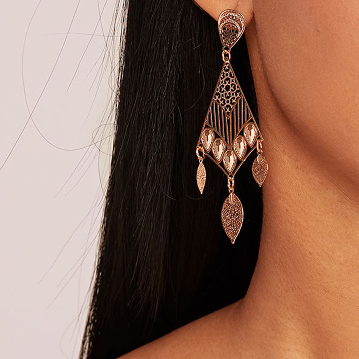 

1pair Hollow Out Geometric & Leaf Drop Earrings, Gold