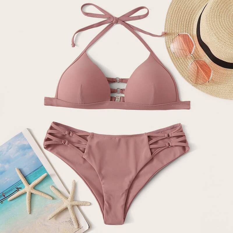 

Triangle Top With Criss Cross Brief Bikini Set, Pink