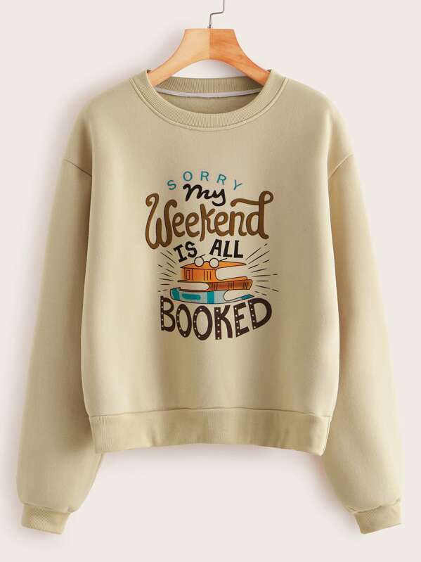

Slogan And Graphic Print Drop Shoulder Sweatshirt, Beige