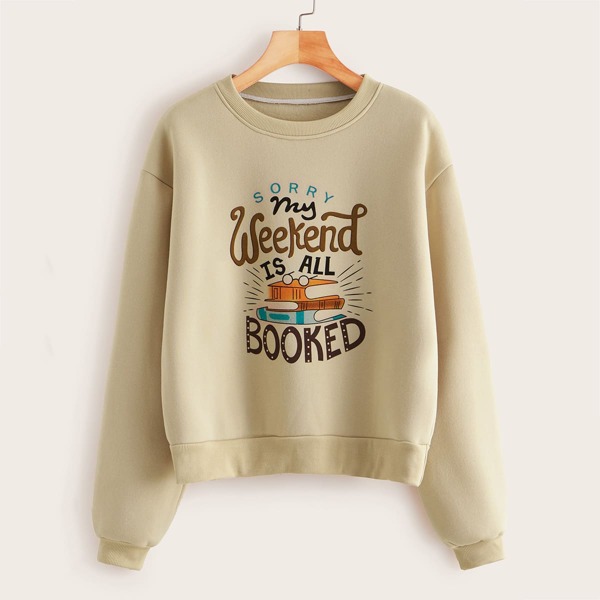 

Slogan And Graphic Print Drop Shoulder Sweatshirt, Beige