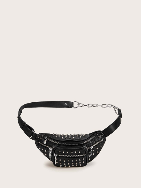 

Spiked Decor Zip Front Fanny Pack, Black