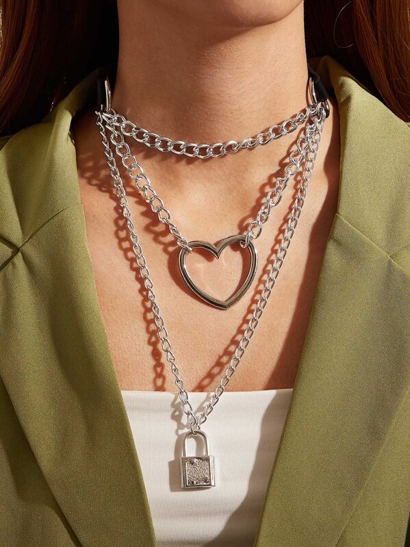 

1pc Heart & Lock Charm Layered Necklace, Silver