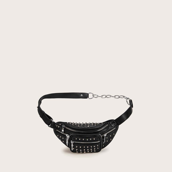 

Spiked Decor Zip Front Fanny Pack, Black