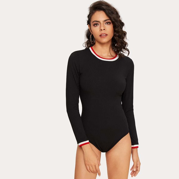 

Contrast Binding Rib-knit Tee Bodysuit, Black