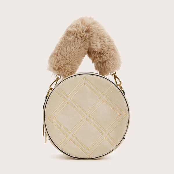 

Stitch Trim Geometric Graphic Satchel Bag, Beige