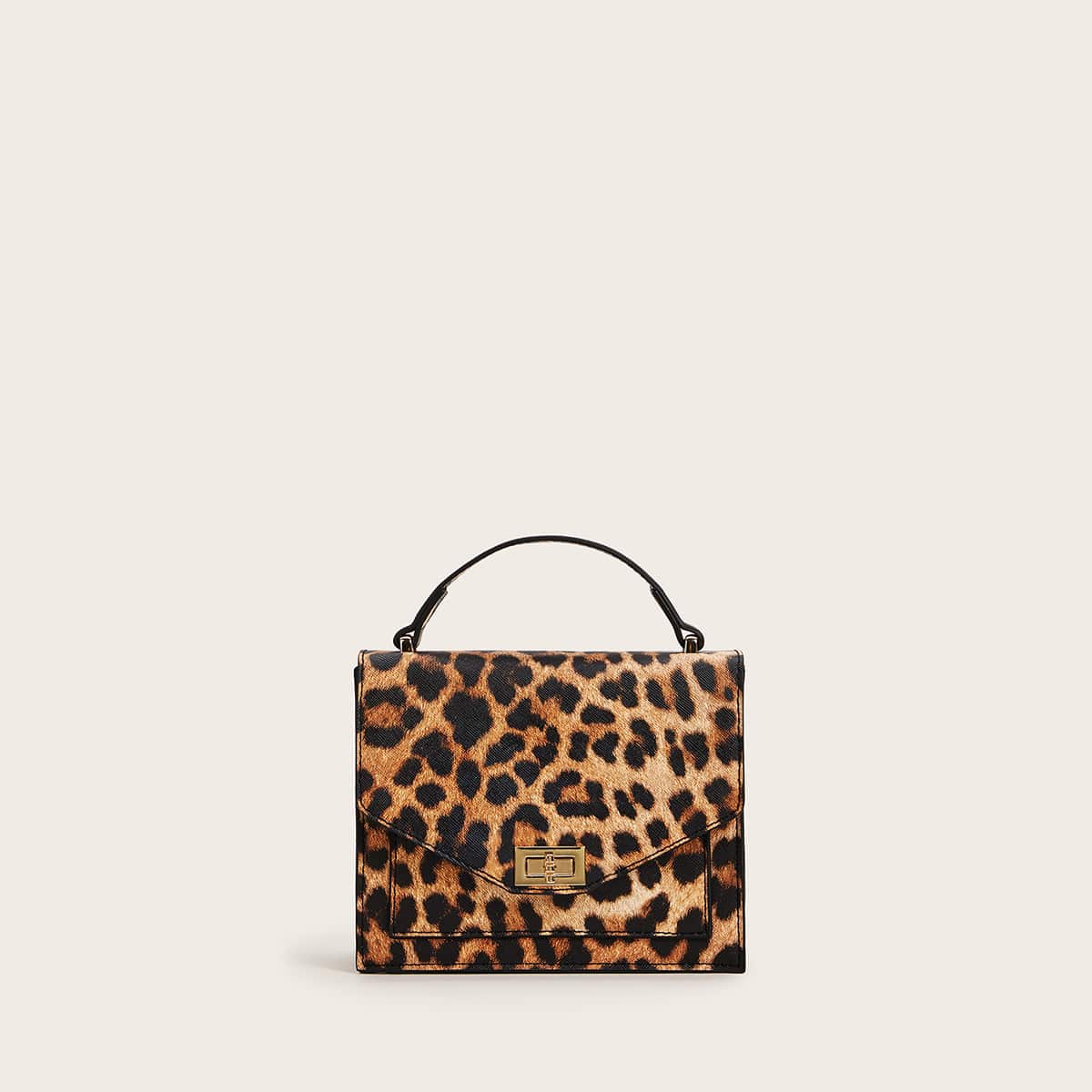 

Twist Lock Leopard Satchel Bag, Brown
