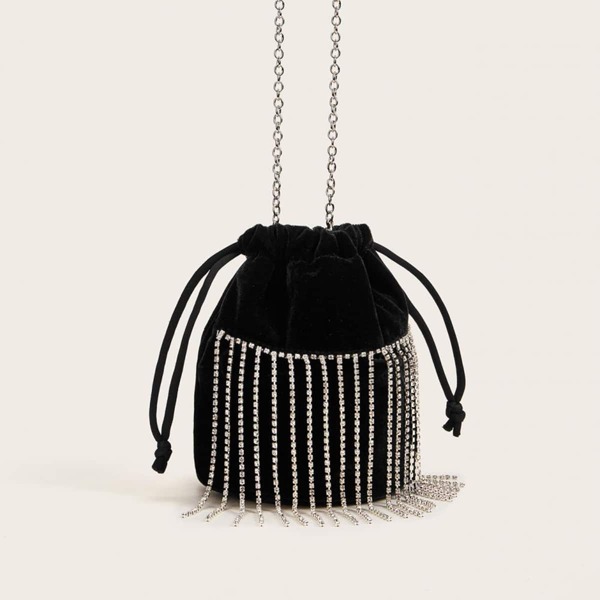 

Rhinestone Decor Fringe Hem Clutch Bag, Black