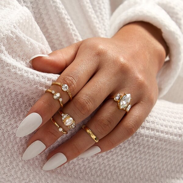 

6pcs Rhinestone & Faux Pearl Decor Ring, Gold