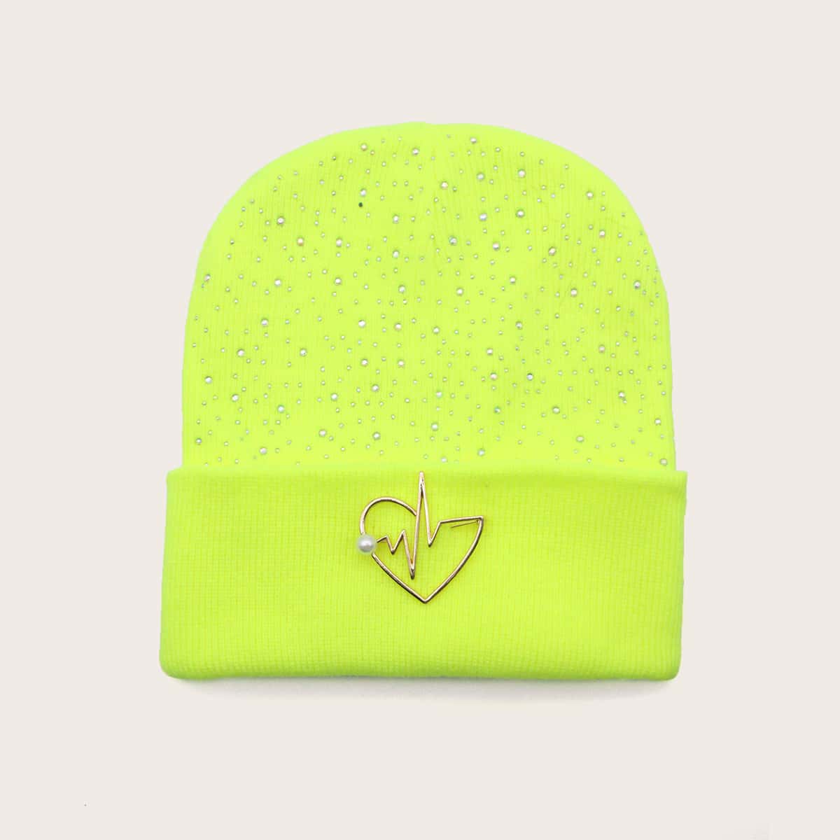 

Rhinestone Decor Neon Yellow Knit Beanie, Yellow bright