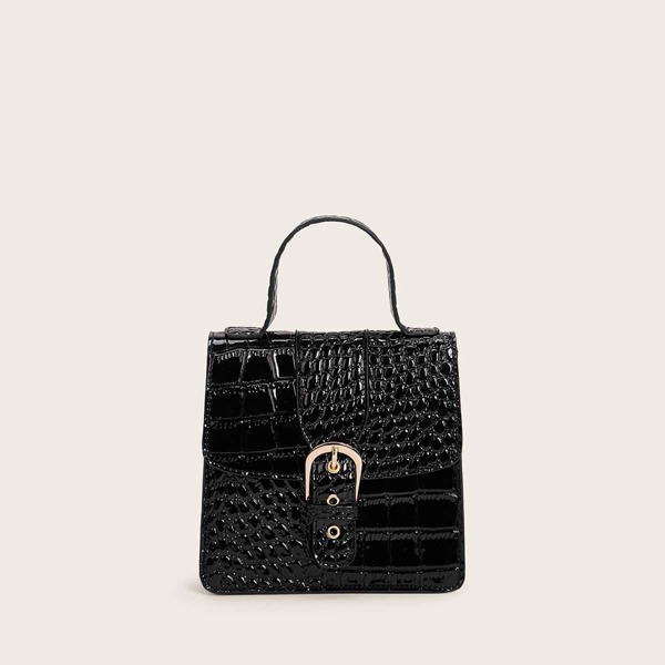 

Buckle Decor Croc Embossed Satchel Bag, Black