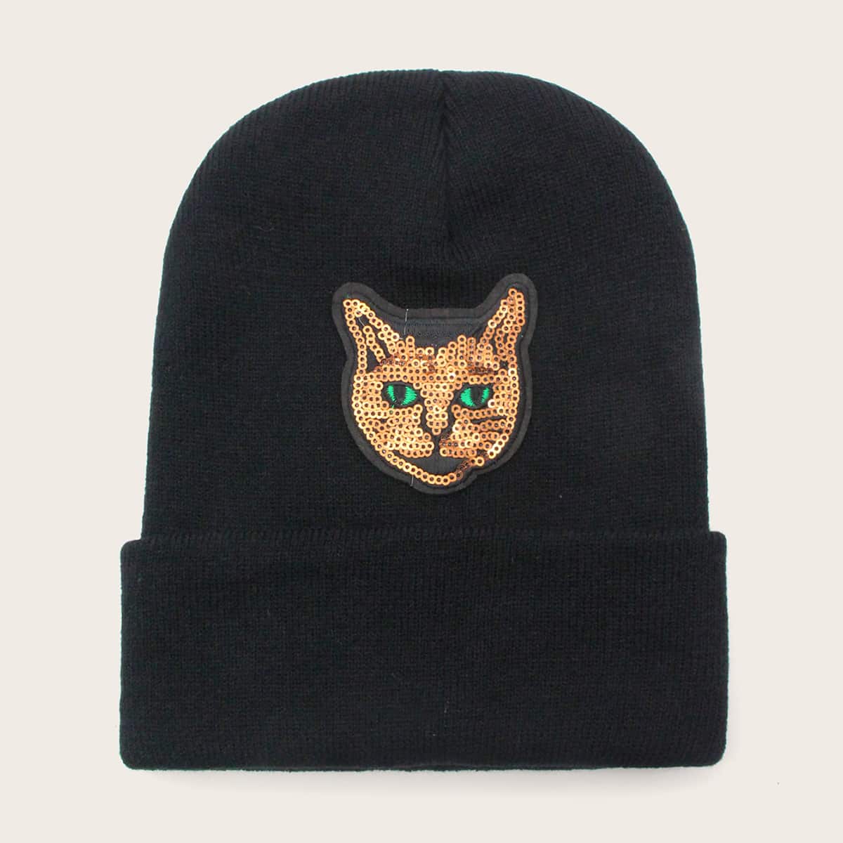 

Sequin Cat Decor Knit Beanie, Black