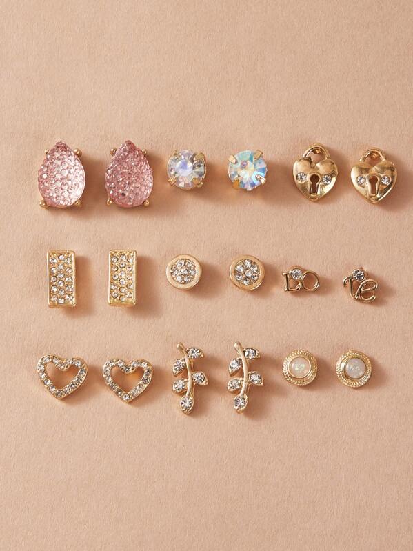 

9pairs Rhinestone Engraved Stud Earrings Set, Gold