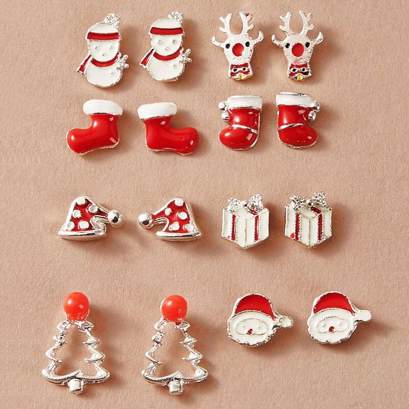 

8pairs Christmas New Year Snowman & Deer Stud Earrings Set, Red